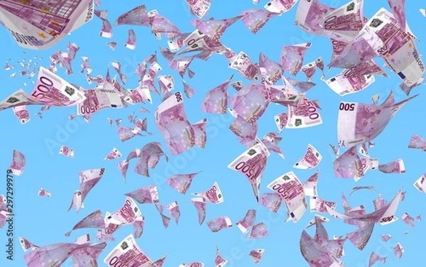Fototapeta Flying euro banknotes against the sky background. Money is flying in the air. 500 EURO in color. 3D illustration