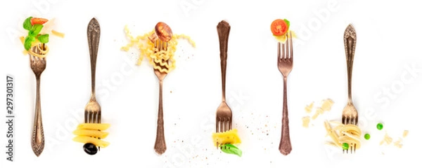 Fototapeta Italian food collage. Pasta design elements. Many forks with pasta and various addings, shot from above on a white background