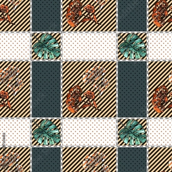 Fototapeta Seamless geometric pattern. A polka dot and striped cage and rectangles decorated with leaves and leaves. Tablecloth.