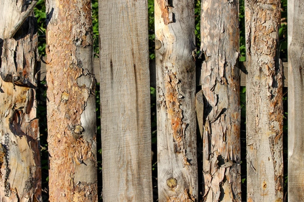 Fototapeta Wooden fence with gaps made of rough pine wood planks as a background