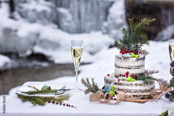 Obraz Winter style wedding cake. Rustic style.
