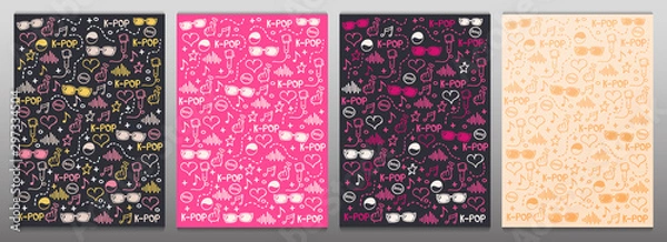 Fototapeta Set of K Pop hand draw doodle backgrounds. Korean music style.
