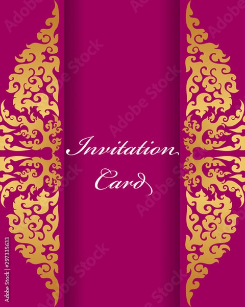 Fototapeta Vector of invitation card template, background and frame border. Gold Elegant Thai art floral illustration design