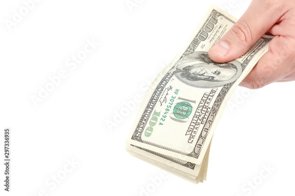 Fototapeta Dollar banknotes in hands isolated on white background