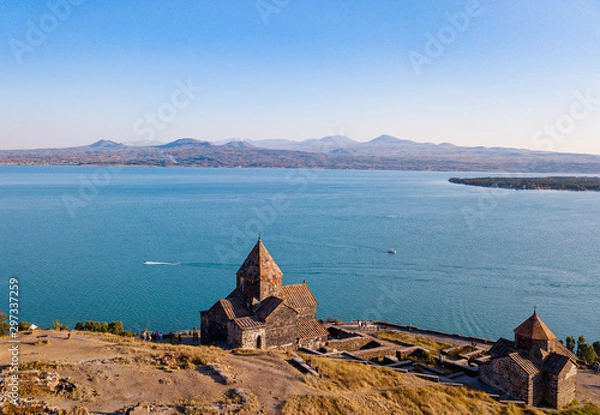 Fototapeta Sevanavank monastery and Sevan lake from aerial view. Old Armenian architecture. Ancient church. Caucasus mountains, Armenia