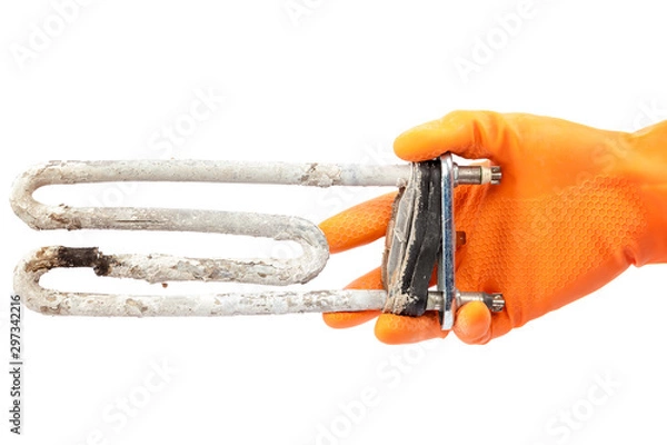 Fototapeta Damaged heating element of the washing machine in hand