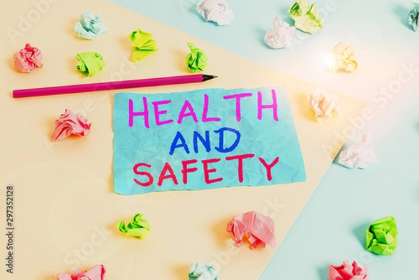 Obraz Conceptual hand writing showing Health And Safety. Concept meaning procedures intended to prevent accident in workplace Colored crumpled paper empty reminder blue yellow clothespin