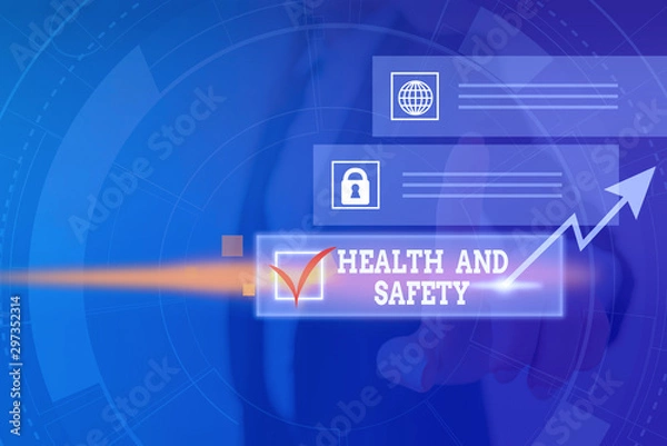 Fototapeta Word writing text Health And Safety. Business photo showcasing procedures intended to prevent accident in workplace Picture photo system network scheme modern technology smart device