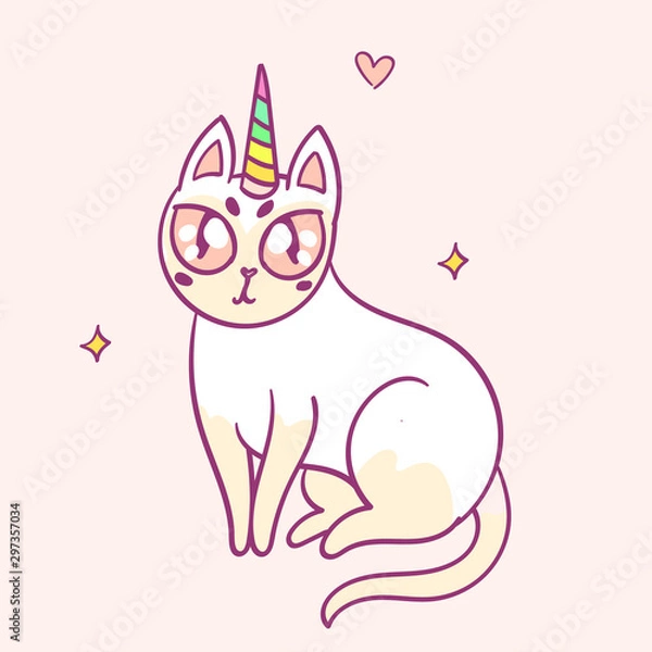 Fototapeta Cute cartoon character cat unicorn, funny magical hand drawn vector illustration. Tee, card print graphic art.