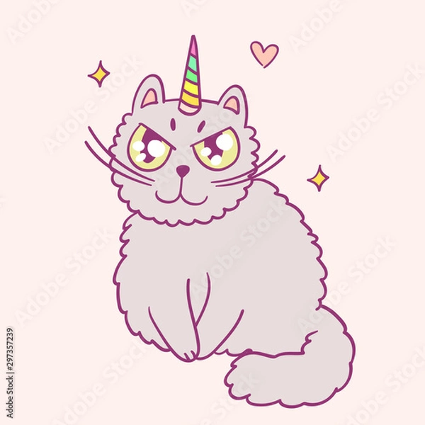 Obraz Cute cartoon character cat unicorn, funny magical hand drawn vector illustration. Tee, card print graphic art.