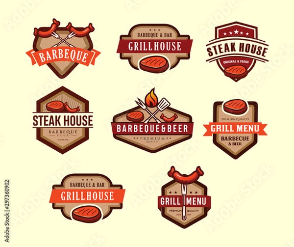 Obraz Set of vintage retro badge, label, logo design templates for hotdog, steak house, grill menu. Food logos set. 