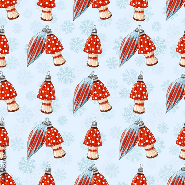 Fototapeta Christmas decoration pattern with fir branches, Christmas toys and snowflakes.