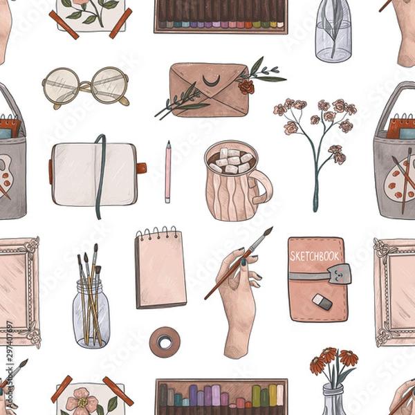 Obraz Seamless pattern with art supplies on white background