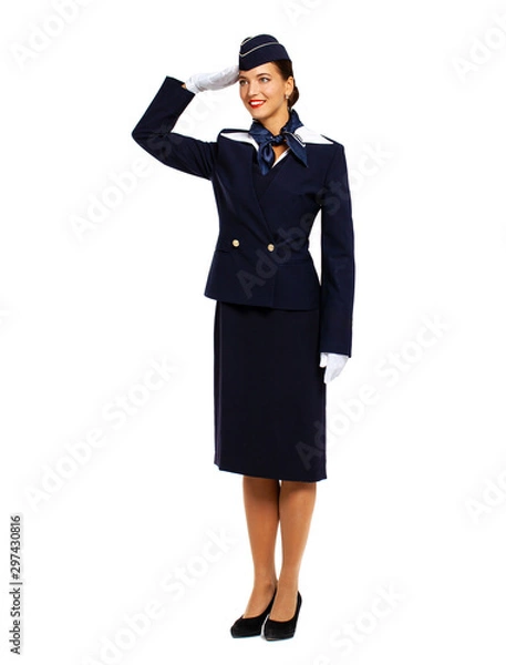 Fototapeta Young beautiful Russian stewardess in blue uniform