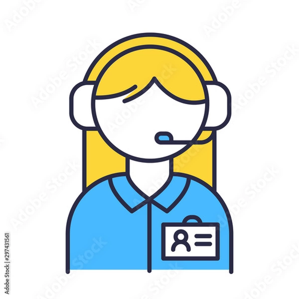 Fototapeta Consultant help color icon. Call center manager in headset. Phone dispatcher, customer support operator. Female sales agent. Helpline and telemarketing concept. Isolated vector illustration