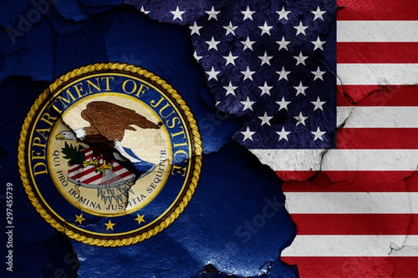 Obraz flags of Department of Justice and USA painted on cracked wall