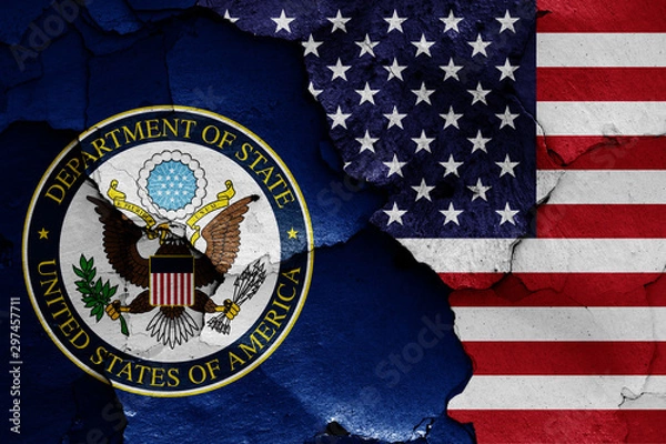 Obraz flags of Department of State and USA painted on cracked wall