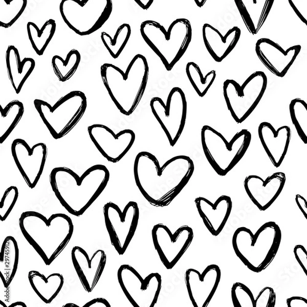 Fototapeta Hand drawn hearts seamless pattern. Repetetive pattern in black and white. Perfect for wrapping paper, textile, fabric and backdrops.