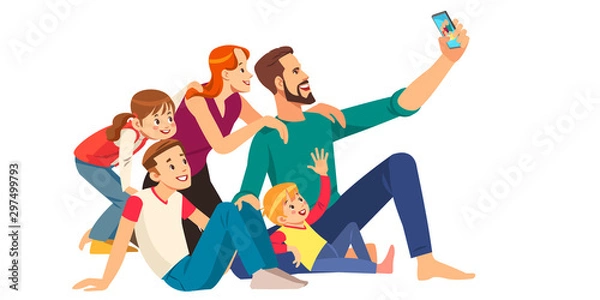 Fototapeta Family, happiness, generation and people concept - happy family making selfie with smartphone. Cartoon Vector Illustration.