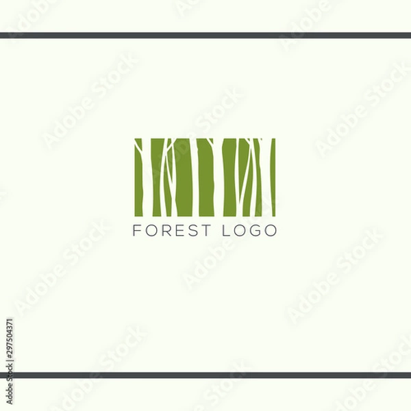 Fototapeta Green rectangle with tree trunks silhouette. Forest in rectangle like barcode. Vector logo design template