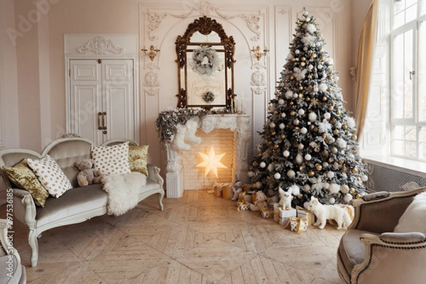 Fototapeta  bright living room with a decorative fireplace and Christmas tree