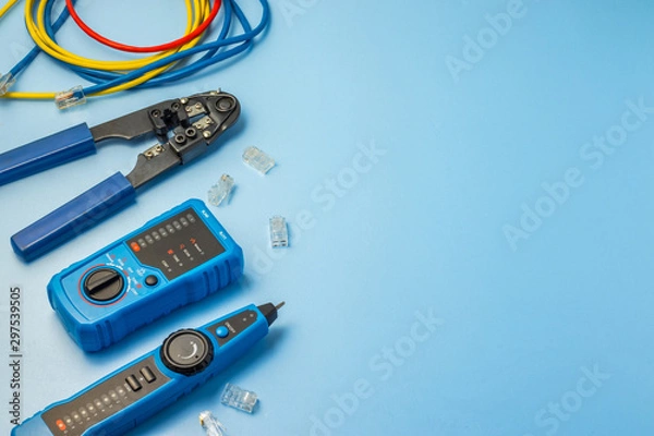 Fototapeta Network tester, patching cord, modular plug and network tool