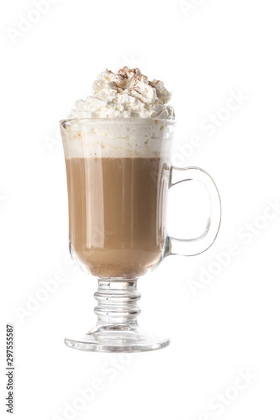 Fototapeta Latte coffee with whipped cream in coffee mug isolated on white background