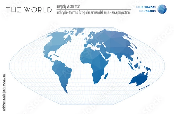 Fototapeta Low poly world map. McBryde-Thomas flat-polar sinusoidal equal-area projection of the world. Blue shades colored polygons. Contemporary vector illustration.