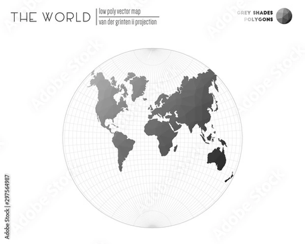 Fototapeta Polygonal world map. Van der Grinten II projection of the world. Grey shades colored polygons. Energetic vector illustration.