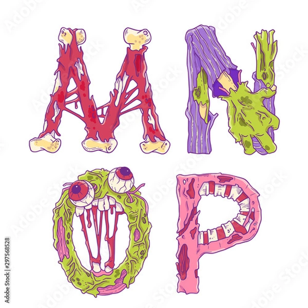 Fototapeta Scary zobmie cartoon letters M, N, O, P for Halloween decor