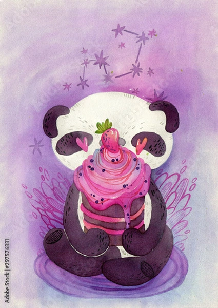 Obraz Panda and big strawberry cake