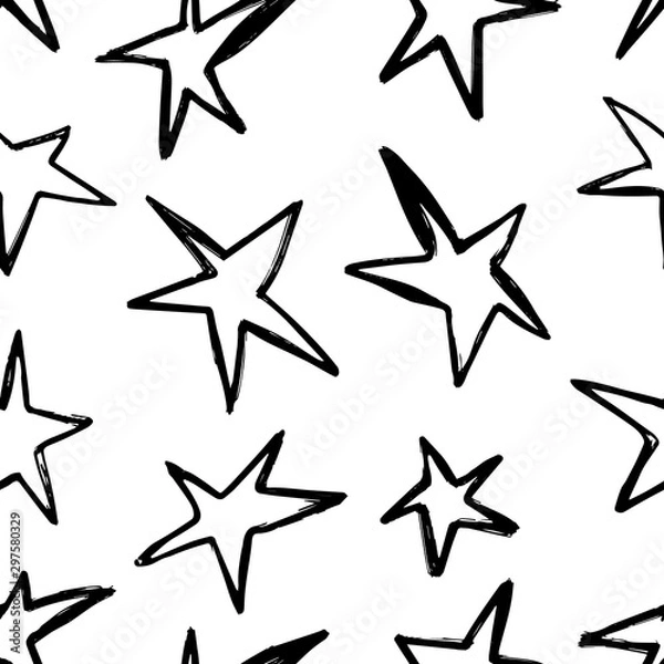 Fototapeta Grunge hand drawn stars seamless pattern. Repetetive pattern in black and white. Perfect for wrapping paper, textile, fabric and backdrops. Vector.
