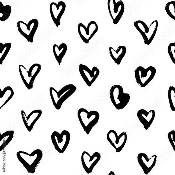 Fototapeta Thick grunge hand drawn hearts. Seamless pattern in black and white. Perfect for wrapping paper, textile, fabric and backdrops. Vector.