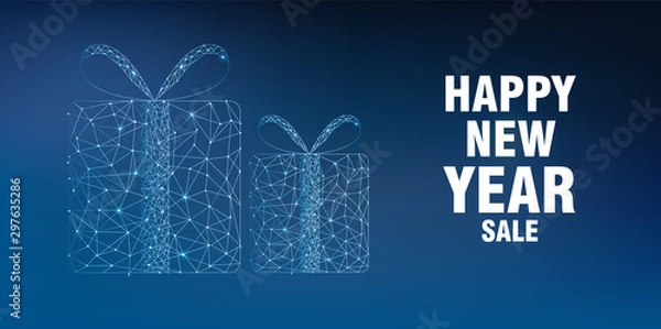 Obraz Merry christmas and happy new year sale banner with innovative style gift box. Connected dots. Blue background