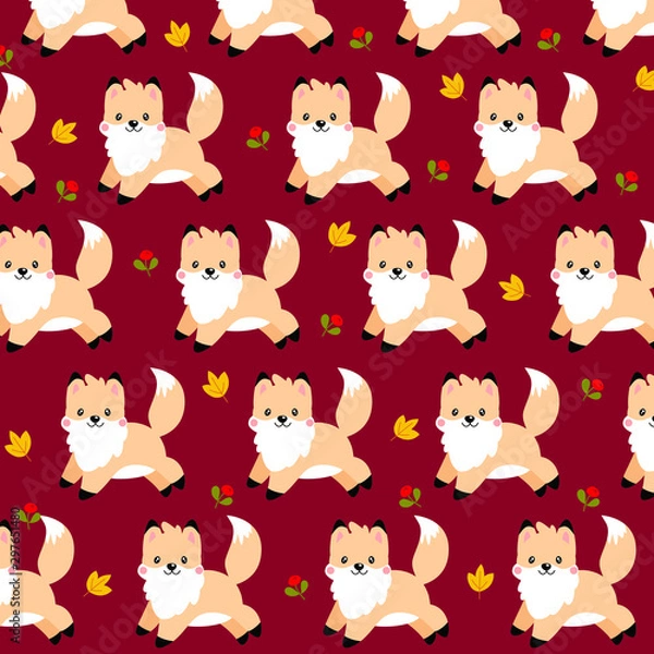 Fototapeta Vector autumn pattern with little kawaii fox on a burgundy background. Elements are located in one direction. Between the shape are autumn leaves and berries.