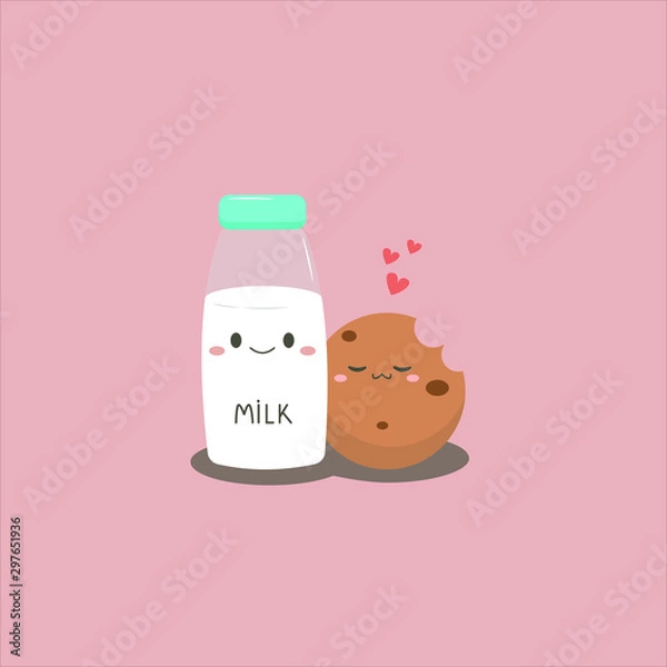 Obraz Vector flat illustration with kawaii bottle of milk and bitten cookies. Cute cartoon milk and cookies with chocolate chips stand together on a pink background. They are in love.
