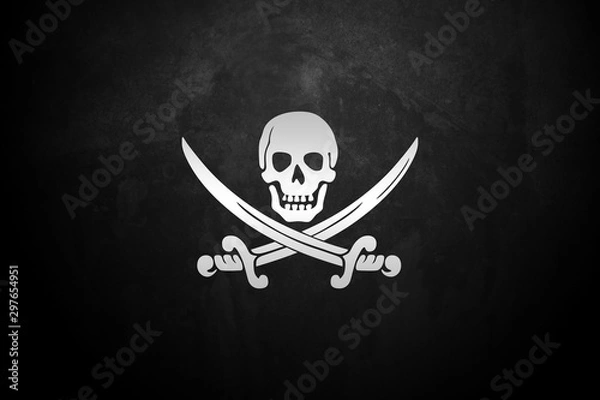 Fototapeta Ripped tear grunge old fabric texture of the pirate skull flag waving in wind, calico jack pirate symbol at cloudy sky with sun rays light, dark mystery style, hacker and robber 