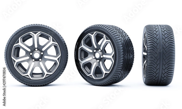 Fototapeta Car wheels isolated on a white background. 3D rendering.