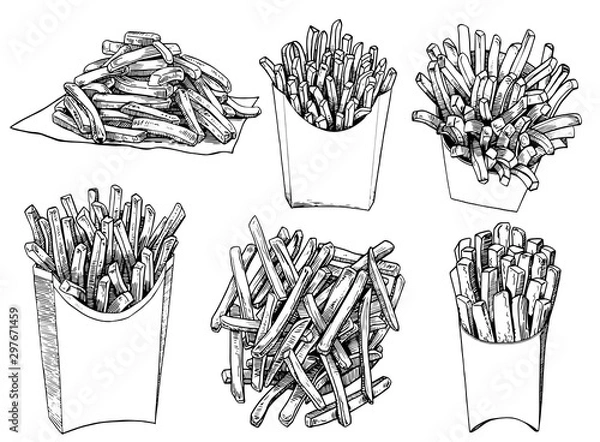 Fototapeta Graficzny zestaw frytek na białym tle, ilustracji wektorowych, fast food