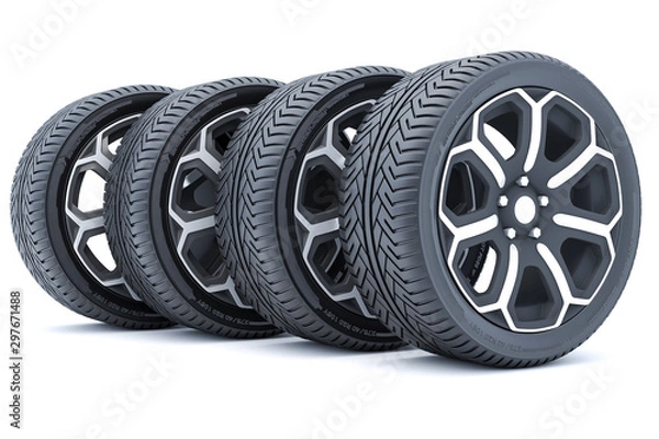 Fototapeta Car wheels isolated on a white background. 3D rendering.