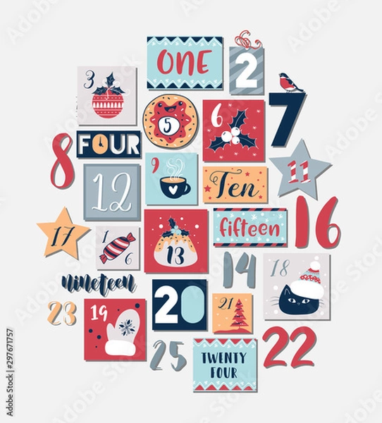 Fototapeta Abstract printable tags collection for Christmas, New Year. Advent calendar. Vector illustration. Merry Holidays