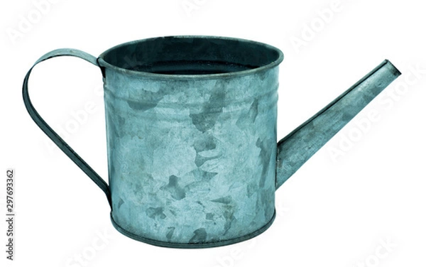Obraz Aged metallic watering can isolated on white background. Clipping path included to replace background.