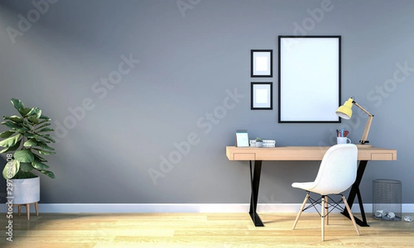 Fototapeta Wnętrze pracowni z pustą ramką do makiety na ścianie, renderowanie 3D
