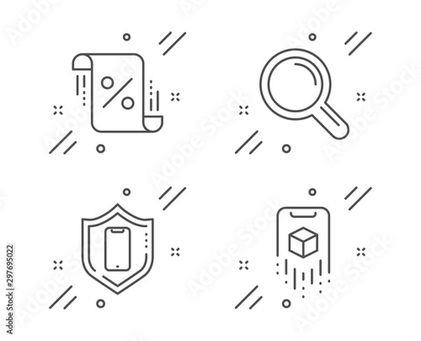 Fototapeta Research, Loan percent and Smartphone protection line icons set. Augmented reality sign. Magnifying glass, Discount blueprint, Phone. Phone simulation. Technology set. Vector
