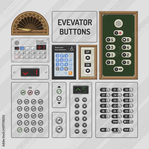 Fototapeta Elevator buttons vector lift metal push button on control panel numbers in business office building illustration set of moving up down level at hotel isolated on background