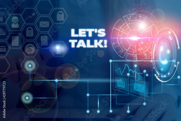 Fototapeta Writing note showing Let S Is Talk. Business concept for suggesting in the beginning of a conversation on the topic Picture photo network scheme with modern smart device