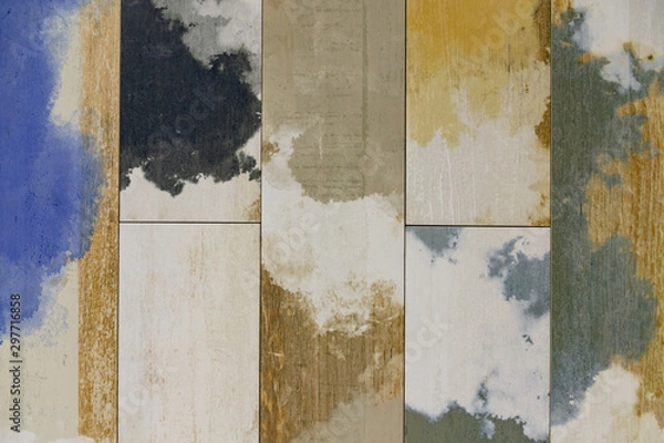 Obraz multi-colored wood texture, black, white, beige, yellow and blue tiles, ceramics background