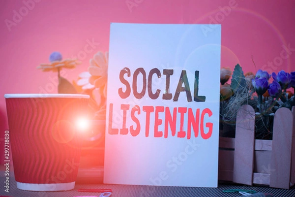 Fototapeta Word writing text Social Listening. Business photo showcasing analyzing the conversations and trends of your product Flowers and stationary plus plain sheet with paper big cup above a table