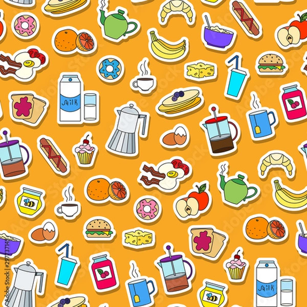 Fototapeta Seamless pattern on Breakfast and food theme, simple color sticker icons on an orange background