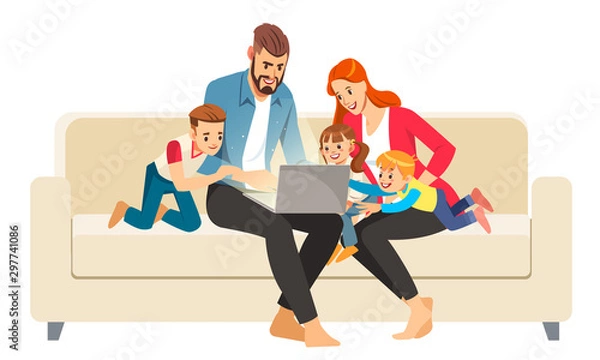 Fototapeta Portrait of a jolly family using a laptop sitting on sofa at home. Vector illustration in cartoon style.